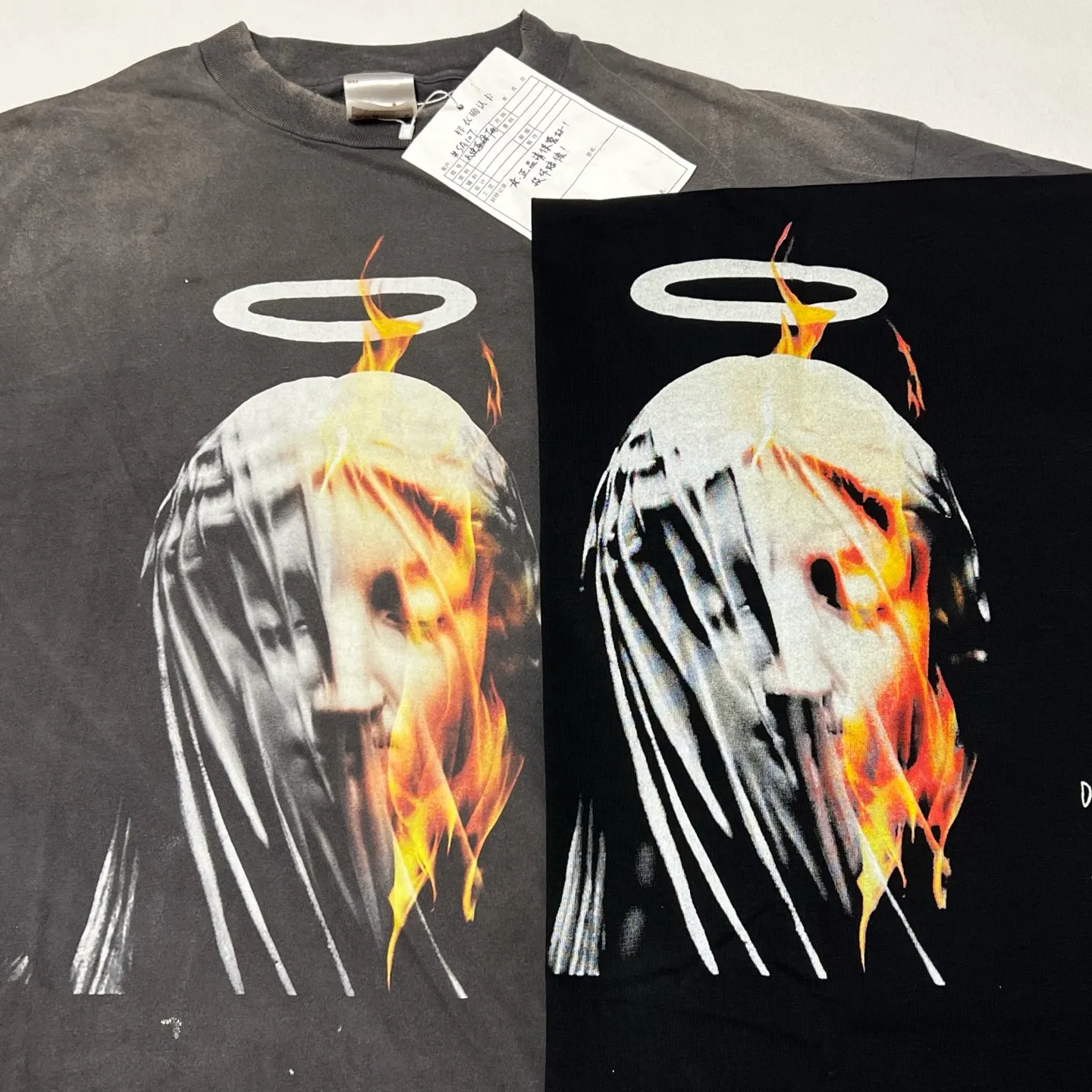 SAINT Mxxxxxx SS TEE/DEVIL DADDY/BLK Virgin Mary retro distressed printed tee, washed black S-XL, this season's hottest item, in order to give you an authentic experience, repeated debugging and polishing in printing and washing, finally meet you, the same old style, the same as the original version, cylindrical side seam OE yarn fabric/completely matched accessories, garment dyeing, heavy washing and water fading, bust bandage fading.